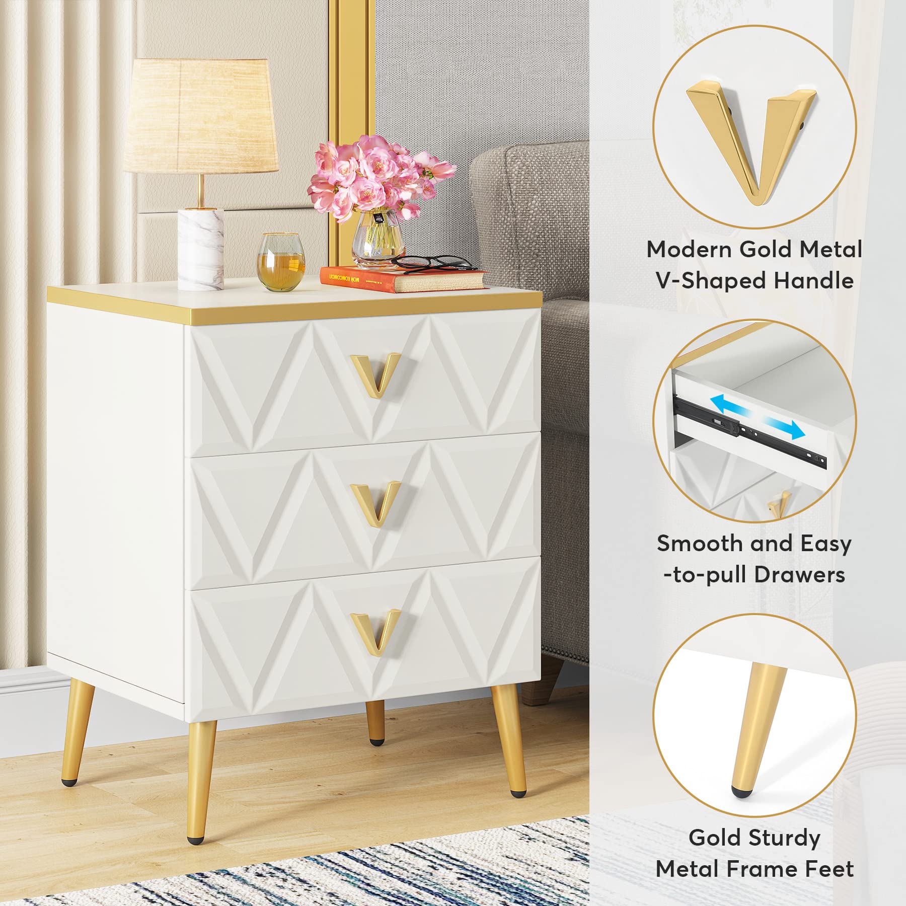 Tribesigns 3-Drawer Nightstand Set of 2, Luxury Bedside Table End Table with Storage Drawers and Golden Legs, Modern Nightstand for Bedroom, Gold and White