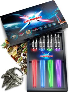 star chopsticks | free bottle opener | 4 pairs dark box | lightsaber chopsticks | star gifts and toys for kids | led light up reusable safe chopstick (4 pairs set new)