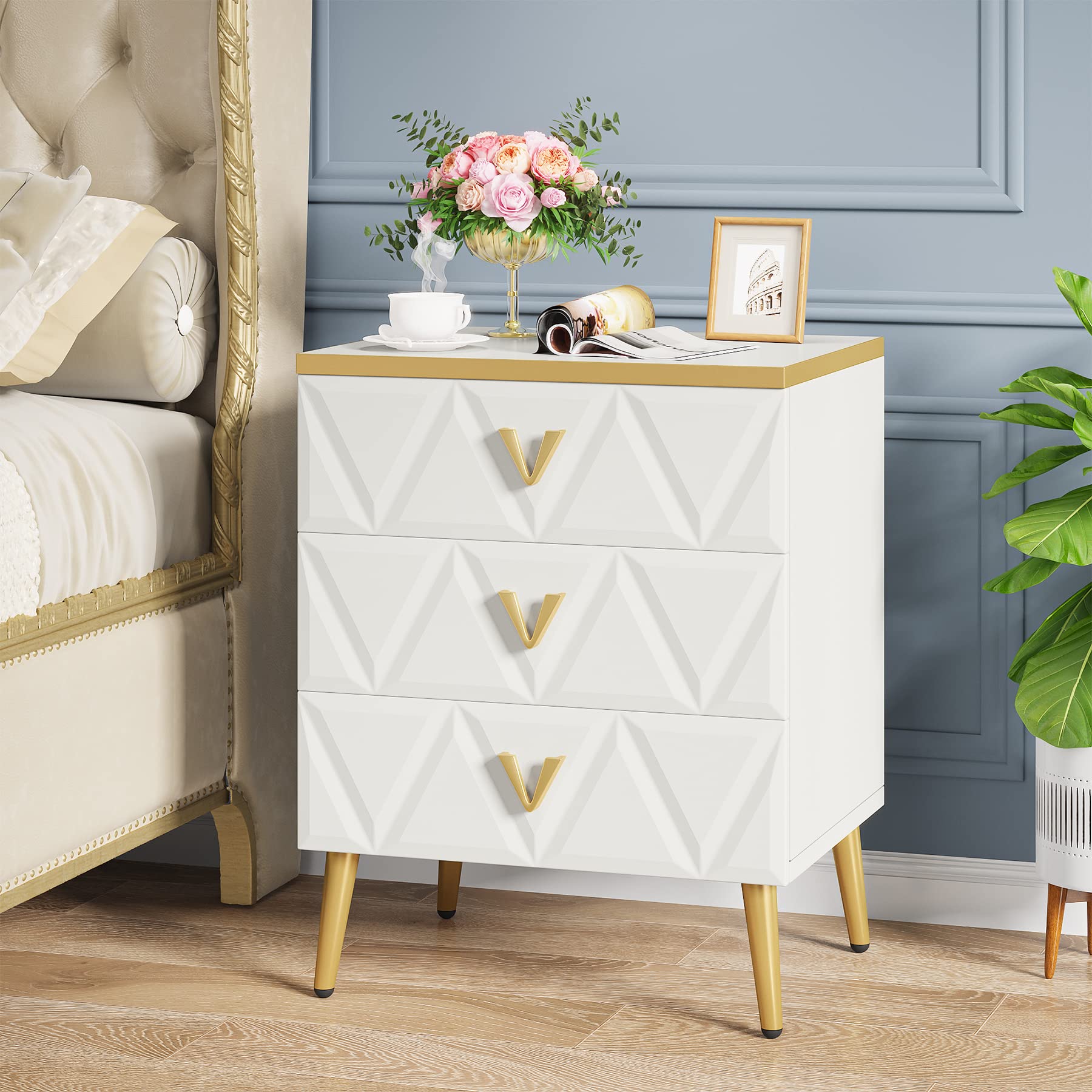 Tribesigns 3-Drawer Nightstand Set of 2, Luxury Bedside Table End Table with Storage Drawers and Golden Legs, Modern Nightstand for Bedroom, Gold and White