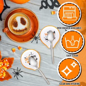 Whaline 2Pcs Halloween Witch Coffee Spoon Rest Hocus Pocus Pumpkin Bat Ceramic Teaspoon Holder Spooky Sauce Dishes Dipping Bowl Ring Dish for Halloween Teacher Gift Kitchen Office Bar Coffee Stirrers