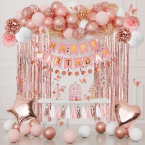 rose gold birthday party decorations kit for women girls, foil confetti rose gold balloon pink happy birthday banner fringe curtains butterfly decor circle dots tassels pom supplies 30th 40th 50th her