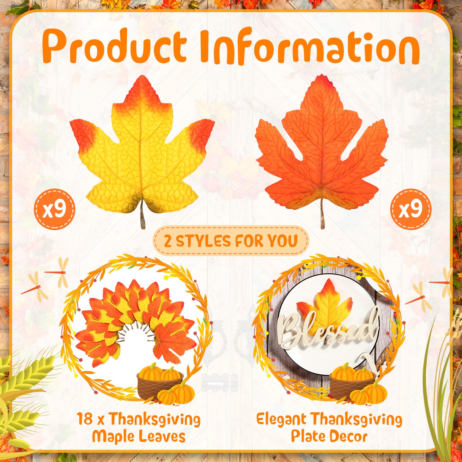 Soaoo 18 Set Thanksgiving Plate Decorations 18 Fall Autumn Wooden Cutouts Thankful Blessed Wooden Words Harvest Table Plate Ornament 18 Artificial Maple Leafs Thanksgiving Table Settings for Farmhouse