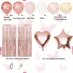 Rose Gold Birthday Party Decorations Kit for Women Girls, Foil Confetti Rose Gold Balloon Pink Happy Birthday Banner Fringe Curtains Butterfly Decor Circle Dots Tassels Pom Supplies 30th 40th 50th Her