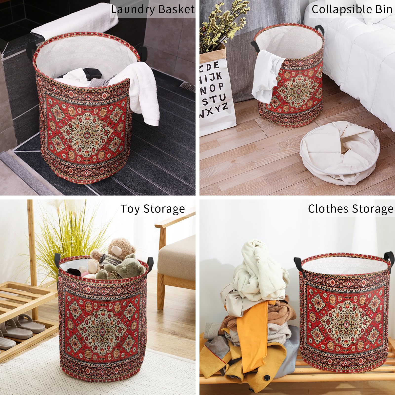 Abstract Retro Boho Laundry Basket,Collapsible Bag with Easy Carry Handles,Large Waterproof Foldable Freestanding Hamper,Red Folding Washing Bin Clothes Storage Round Modern Colorful