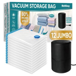 matteasy vacuum storage bags with electric air pump, 12 jumbo (39.4x27.5in), space saver bags with pump, storage vacuum sealed bags for clothes, comforters, blankets, bedding