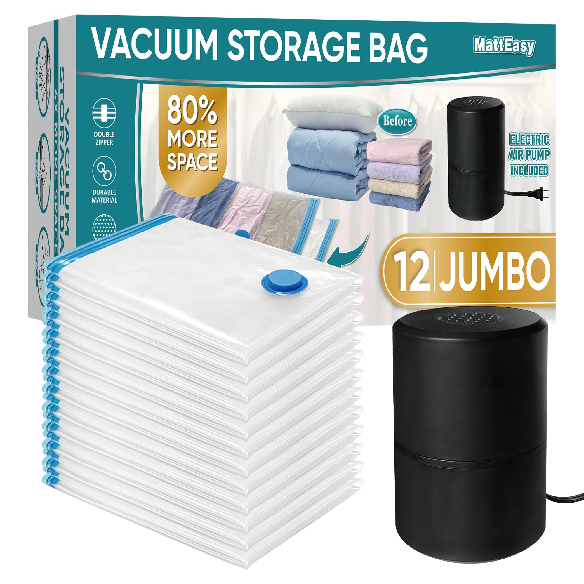 MattEasy Vacuum Storage Bags with Electric Air Pump, 12 Jumbo (39.4x27.5in), Space Saver Bags with Pump, Storage Vacuum Sealed Bags for Clothes, Comforters, Blankets, Bedding