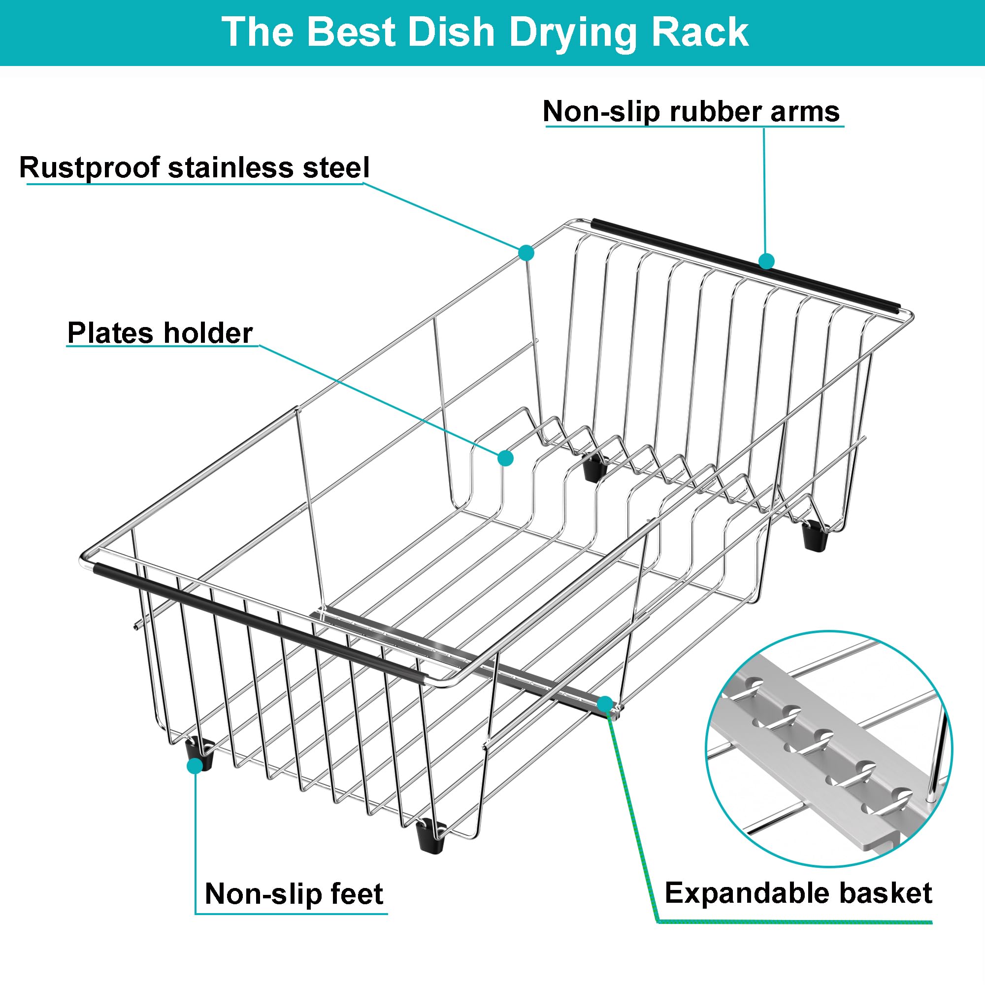 iPEGTOP Expandable Over Sink Dish Drying Rack, Multifunctional Adjustable (14"-18.5") Dish Drainer Organizer Shelf Rustproof Stainless with Grey Utensil Holder for Kitchen Counter