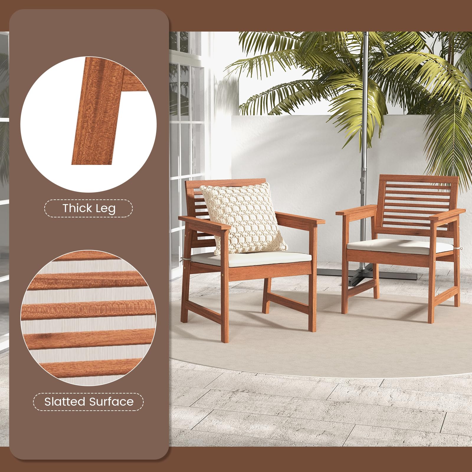 Tangkula Outdoor Dining Chairs Set of 4, Weather-Resistant Heavy Duty Slatted Wood Patio Chairs with Soft Padded Cushions, for Deck, Garden, Poolside, Balcony (4, Off White)