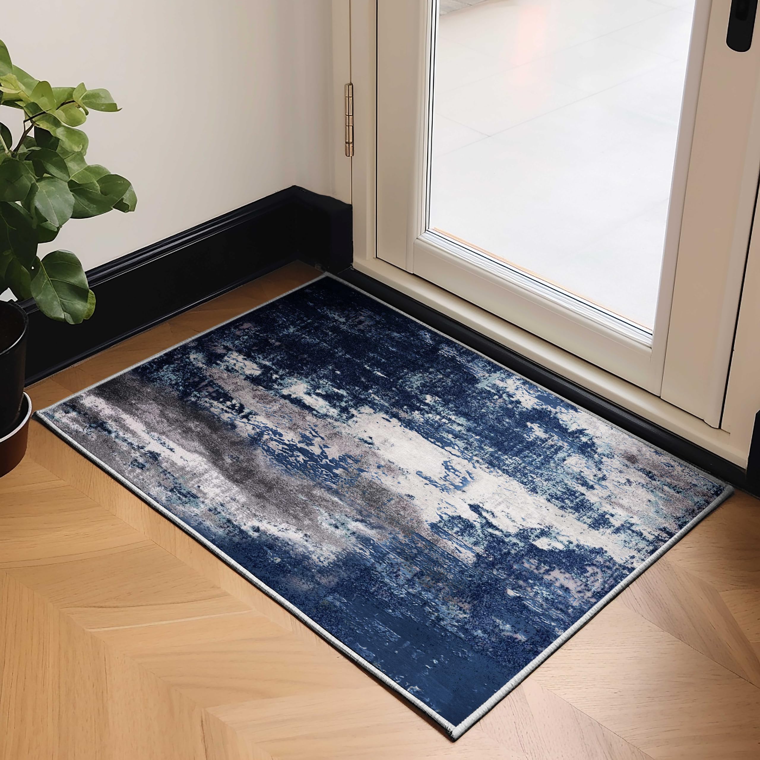 SunNewt 2x3 Rug Modern Abstract Entryway Rug Navy Blue Area Rug Stain Resistant Living Room Rug Non-Shedding Washable Rug Non-Slip Low-Pile Bedroom Rug for Dining Room Kitchen Home Office