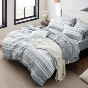 bedsure queen duvet cover grey white striped - super soft cationic dyed duvet cover for kids with zipper closure, 3 pieces, includes 1 reversible duvet cover (90"x90") & 2 pillow shams, no comforter