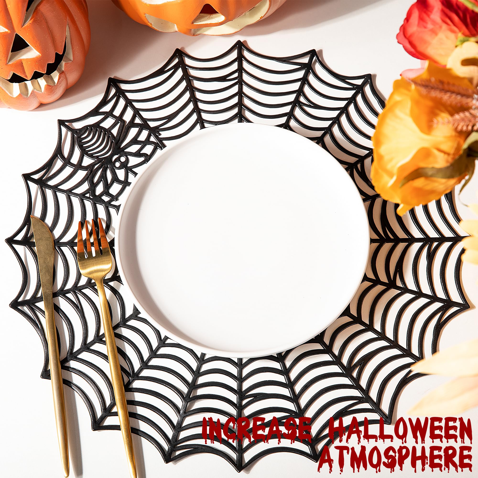 6 Pcs Halloween Spider Web Placemats- 15" Heat Insulation Halloween Placemats Spider Web Table Mats- Hollow Out Spiderweb Coasters Placemat for Dining Table Halloween Decoration