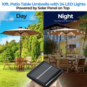 SereneLife SLSK3790.3 10ft. Patio Table Umbrella with 24 LED Lights-8 Sturdy Ribs with Push Button Tilt UV Protection, Outdoor Furniture for Garden Lawn Deck Pool and Beach