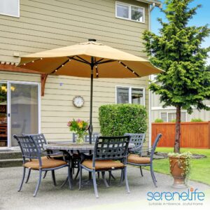 SereneLife SLSK3790.3 10ft. Patio Table Umbrella with 24 LED Lights-8 Sturdy Ribs with Push Button Tilt UV Protection, Outdoor Furniture for Garden Lawn Deck Pool and Beach