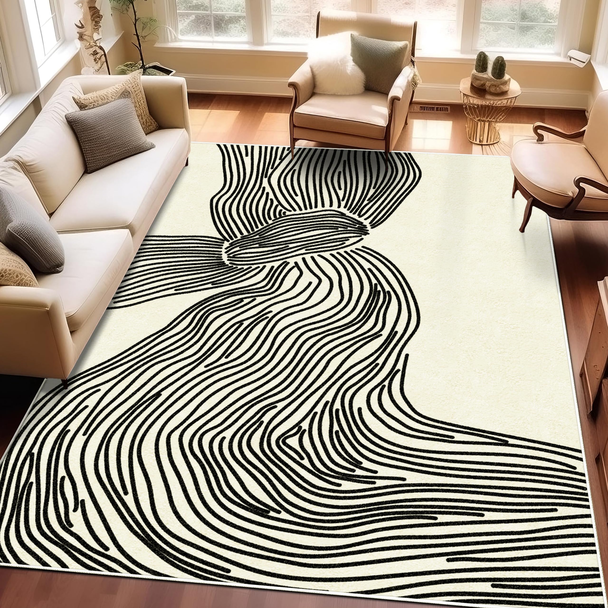 SunNewt 5x8 Rug Modern Abstract Area Rug Contemporary Striped Living Room Rug Stain Resistant Washable Rug Non-Shedding Bedroom Rug Non-Slip Low-Pile Floor Carpet for Dining Room Kitchen Home Office