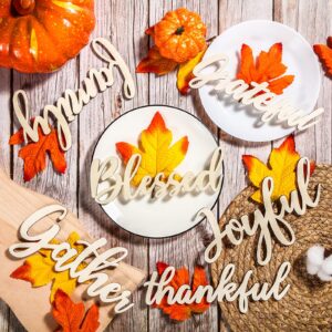 soaoo 18 set thanksgiving plate decorations 18 fall autumn wooden cutouts thankful blessed wooden words harvest table plate ornament 18 artificial maple leafs thanksgiving table settings for farmhouse