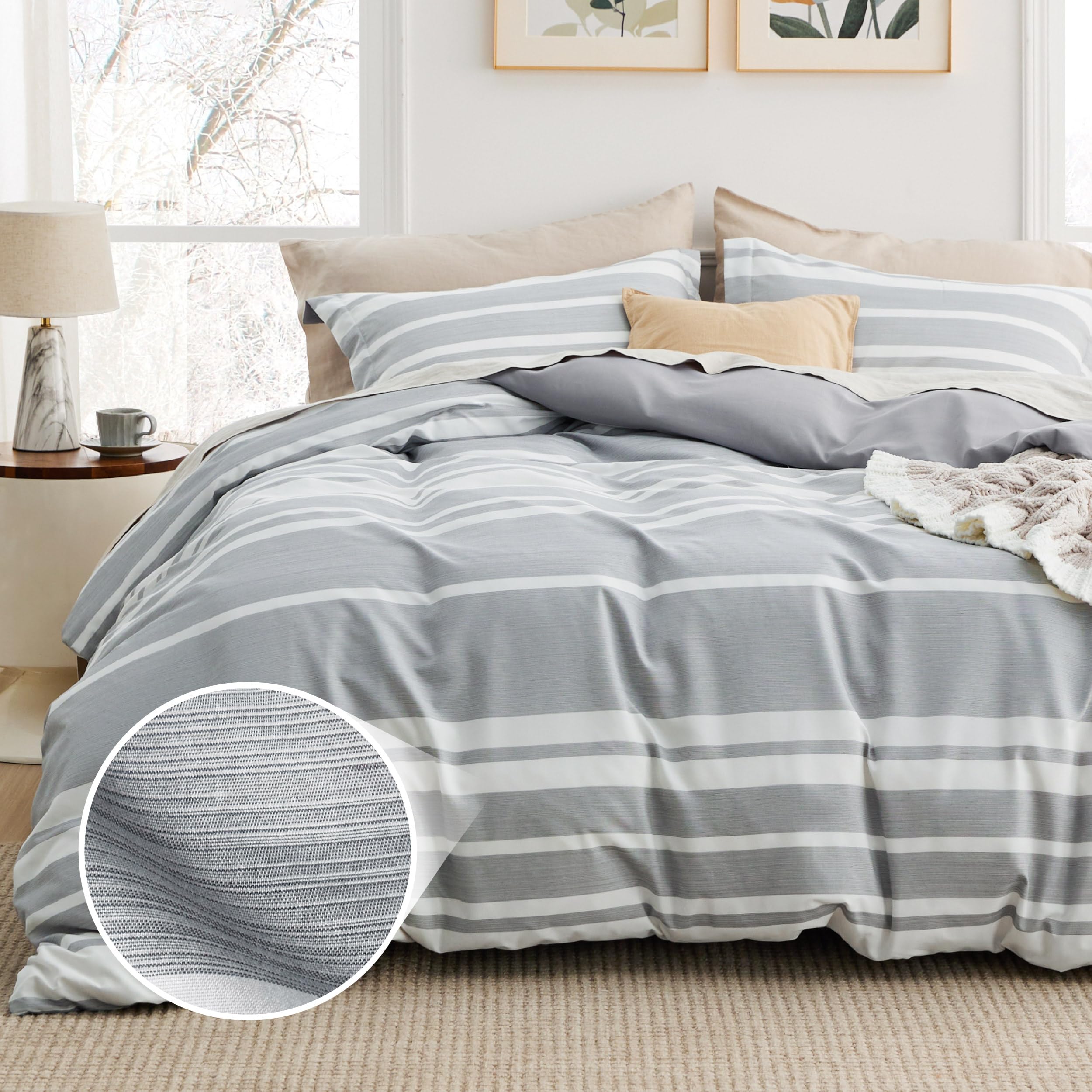 Bedsure Queen Duvet Cover Grey White Striped - Super Soft Cationic Dyed Duvet Cover for Kids with Zipper Closure, 3 Pieces, Includes 1 Reversible Duvet Cover (90"x90") & 2 Pillow Shams, NO Comforter