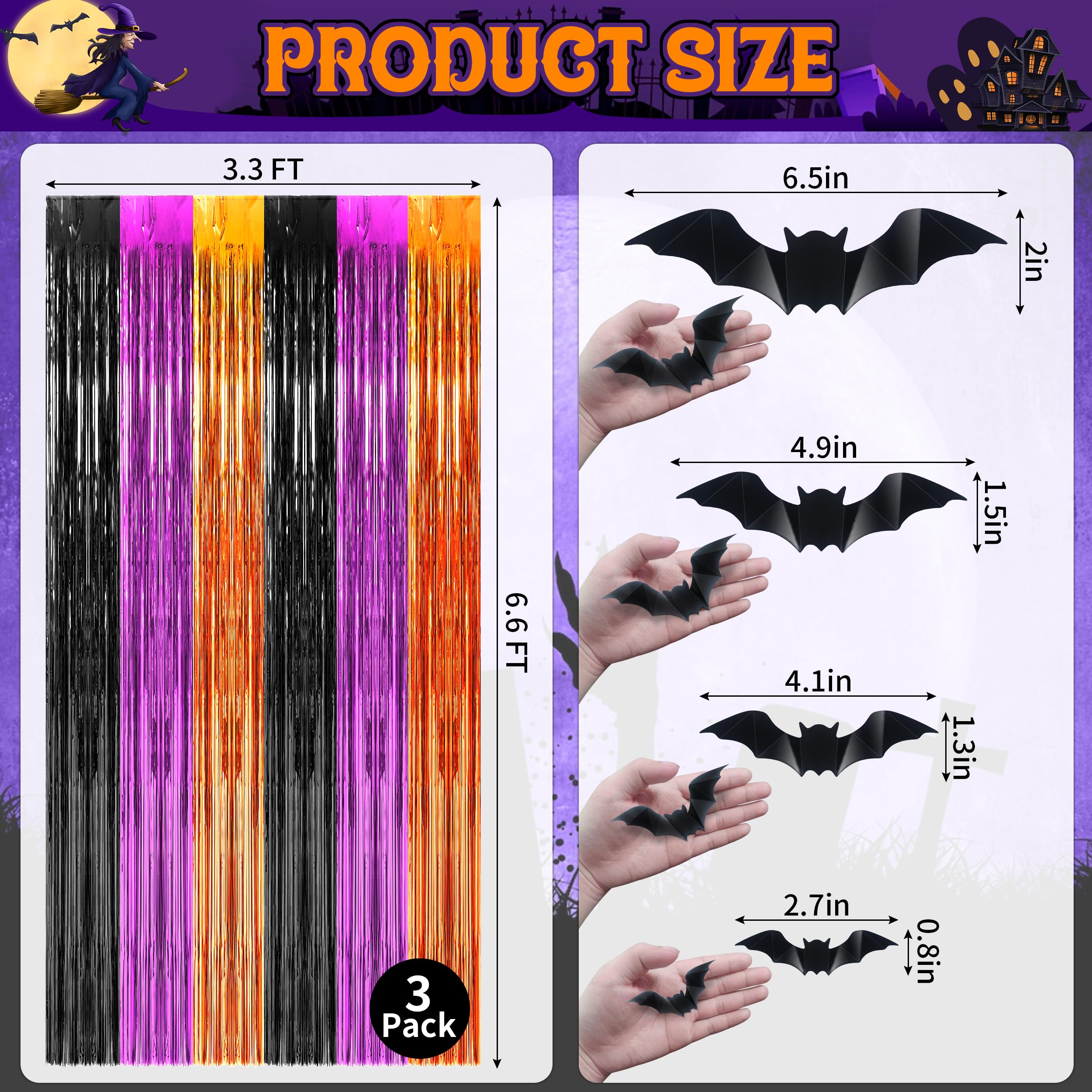 algpty 3 Pack Halloween Foil Curtains Backdrop with 16 Pcs Halloween Bats, 3.3 x 6.6FT Orange Purple Black Metallic Tinsel Foil Fringe Curtains Halloween Party Photo Booth Props Halloween Decor Indoor