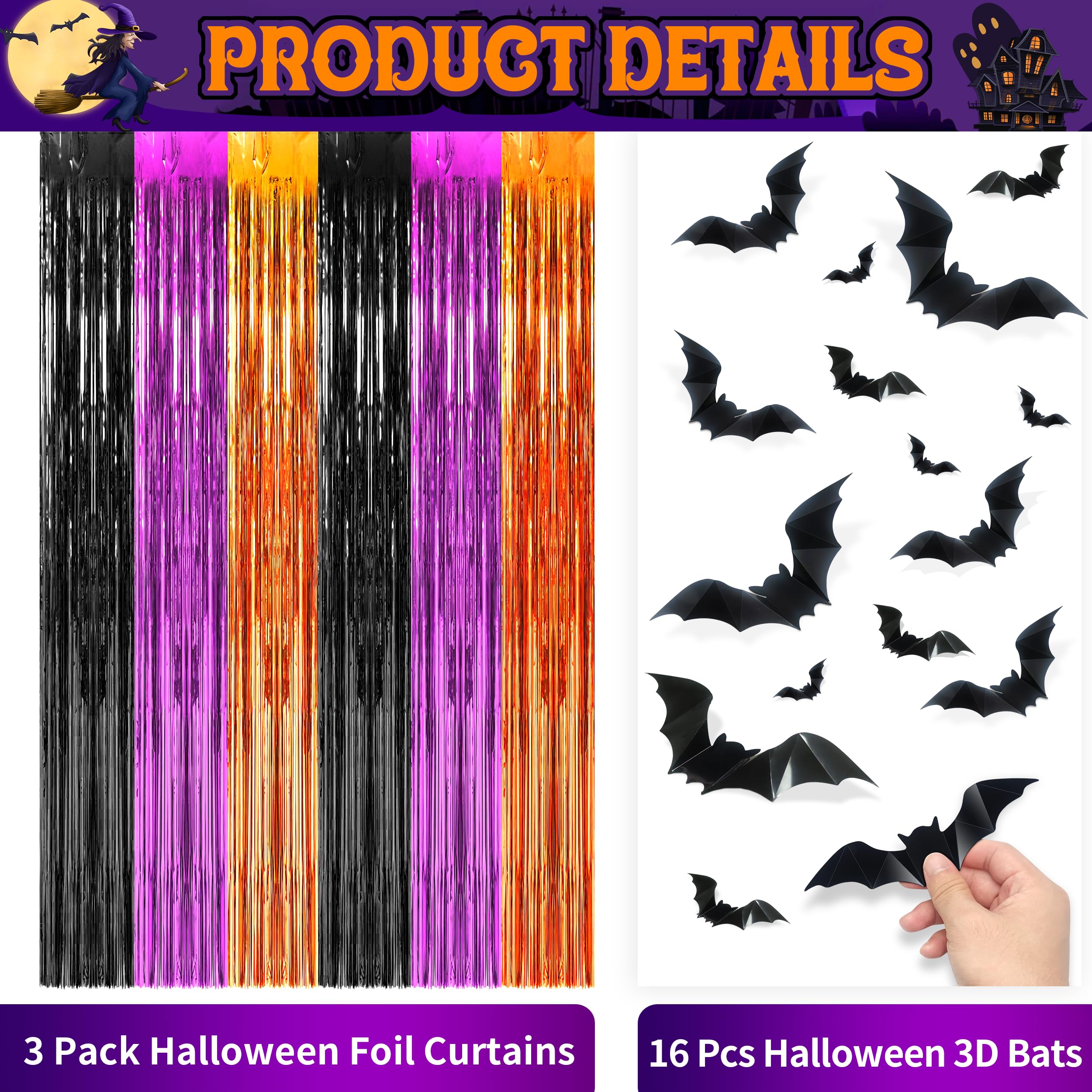 algpty 3 Pack Halloween Foil Curtains Backdrop with 16 Pcs Halloween Bats, 3.3 x 6.6FT Orange Purple Black Metallic Tinsel Foil Fringe Curtains Halloween Party Photo Booth Props Halloween Decor Indoor