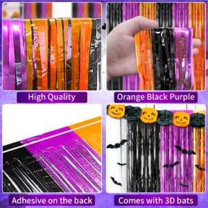 algpty 3 Pack Halloween Foil Curtains Backdrop with 16 Pcs Halloween Bats, 3.3 x 6.6FT Orange Purple Black Metallic Tinsel Foil Fringe Curtains Halloween Party Photo Booth Props Halloween Decor Indoor