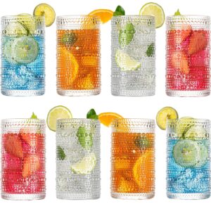 wookgreat drinking glasses, 8 pcs embossed designed glass cups, 15oz highball glasses, tall water glass tumbler, mojito cups, cocktail glass, vintage glassware set for water, juice, cocktail, whiskey