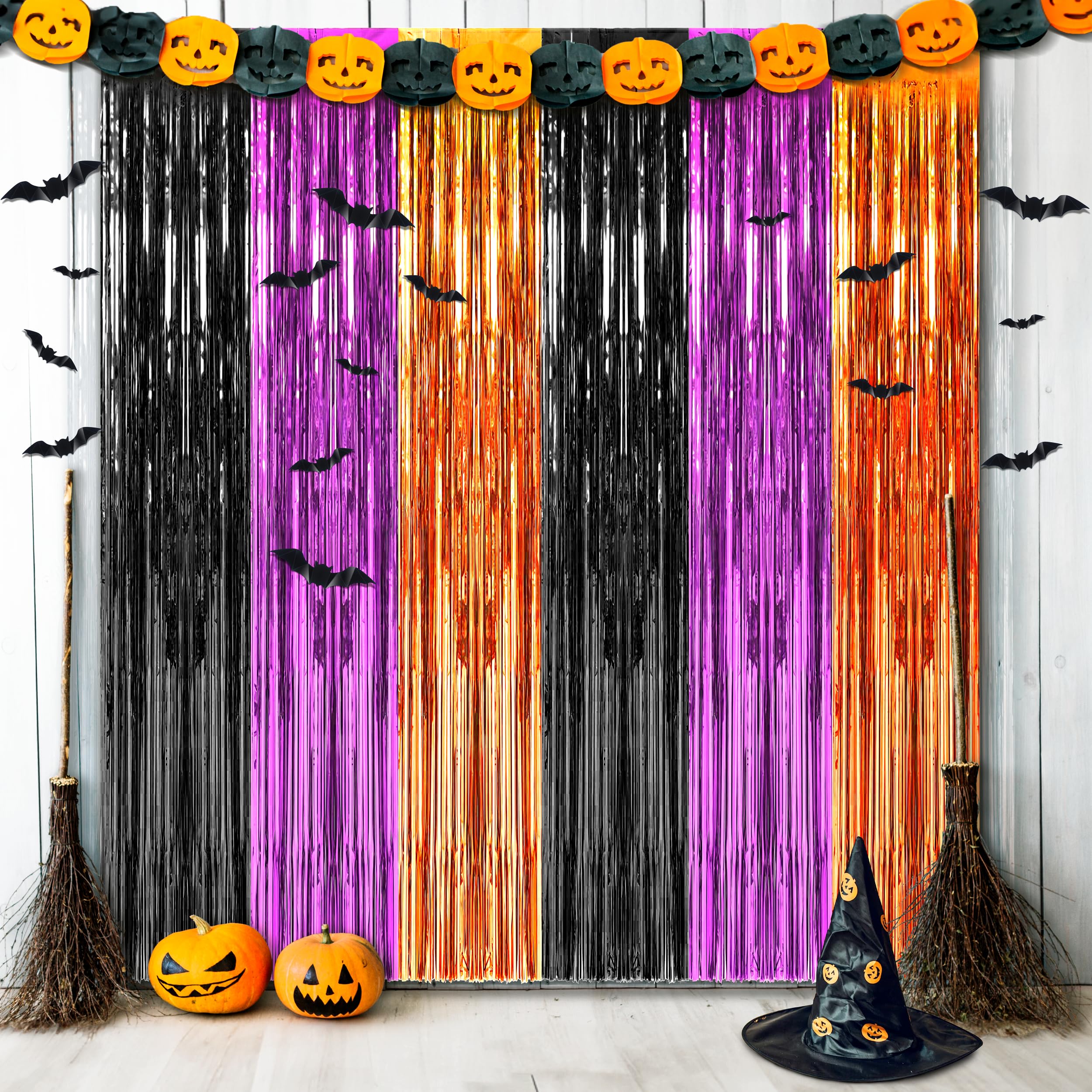 algpty 3 Pack Halloween Foil Curtains Backdrop with 16 Pcs Halloween Bats, 3.3 x 6.6FT Orange Purple Black Metallic Tinsel Foil Fringe Curtains Halloween Party Photo Booth Props Halloween Decor Indoor