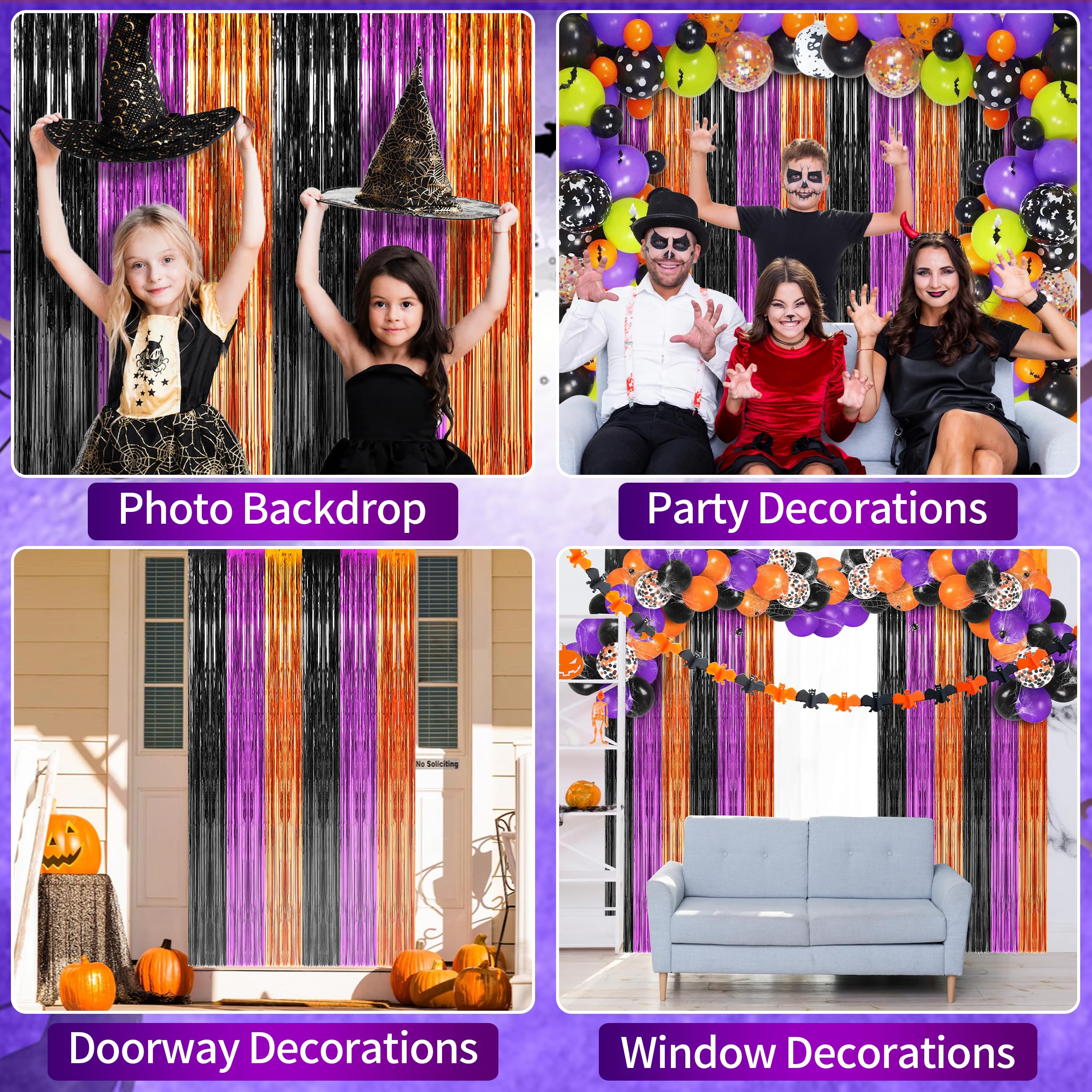 algpty 3 Pack Halloween Foil Curtains Backdrop with 16 Pcs Halloween Bats, 3.3 x 6.6FT Orange Purple Black Metallic Tinsel Foil Fringe Curtains Halloween Party Photo Booth Props Halloween Decor Indoor