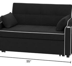 3 in 1 Convertible Sofa Bed with USB Ports, 55'' Velvet Comfy Loveseat Sleeper Sofa Couch With Cup Holders, Pull Out Couch Bed Sleeper Sofa with Storage, Living Room Furniture Set with Pillows (Black)