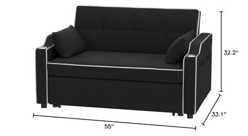 3 in 1 Convertible Sofa Bed with USB Ports, 55'' Velvet Comfy Loveseat Sleeper Sofa Couch With Cup Holders, Pull Out Couch Bed Sleeper Sofa with Storage, Living Room Furniture Set with Pillows (Black)