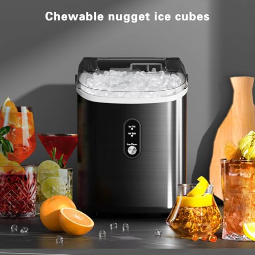 Nugget Ice Makers Countertop with Soft Chewable Pellet Ice, Pebble Ice Maker Machine with Self-Cleaning, 35.5Lbs/24Hrs, One-Click Operation, Ice Basket/Ice Scoop for Home/Office/Bar, Black