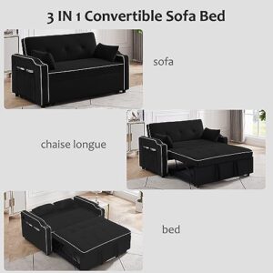 3 in 1 Convertible Sofa Bed with USB Ports, 55'' Velvet Comfy Loveseat Sleeper Sofa Couch With Cup Holders, Pull Out Couch Bed Sleeper Sofa with Storage, Living Room Furniture Set with Pillows (Black)