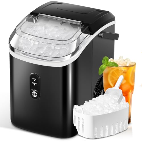 Nugget Ice Makers Countertop with Soft Chewable Pellet Ice, Pebble Ice Maker Machine with Self-Cleaning, 35.5Lbs/24Hrs, One-Click Operation, Ice Basket/Ice Scoop for Home/Office/Bar, Black