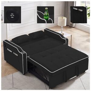 3 in 1 convertible sofa bed with usb ports, 55'' velvet comfy loveseat sleeper sofa couch with cup holders, pull out couch bed sleeper sofa with storage, living room furniture set with pillows (black)