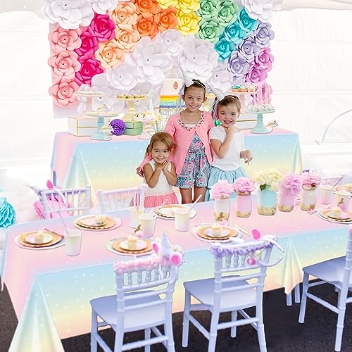 QUERICKY 4 Pack Pastel Rainbow Tablecloths, 51x87'' Plastic Disposable Rectangle Pastel Rainbow Table Cover for Girls Rainbow Birthday Party Decorations Baby Shower Party Supplies