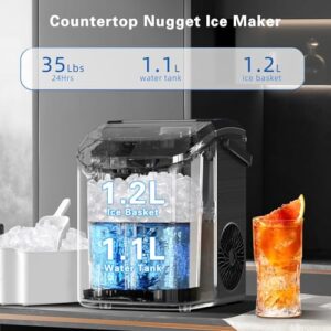 Nugget Ice Makers Countertop with Soft Chewable Pellet Ice, Pebble Ice Maker Machine with Self-Cleaning, 35.5Lbs/24Hrs, One-Click Operation, Ice Basket/Ice Scoop for Home/Office/Bar, Black