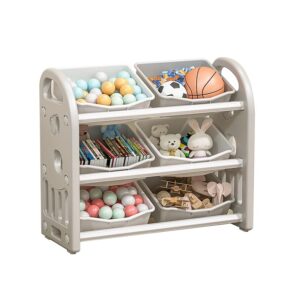 gonicvin toy storage cabinet unit organizer, plastic storage rack with 6 bins for children playroom, multi-functional storage organizer for livingroom, bedroom (grey)