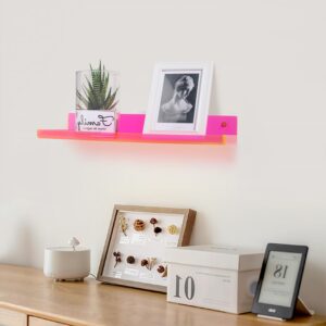 Floating Shelves for Wall Bedroom Bathroom Kitchen Plants Acrylic Floating Shelf 16.5X5.5'' Heavy Duty Adhesive No Drill, Pack of 2, Neon Pink