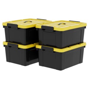 cetomo 40qt*4 durabilt flip lid stackable heavy duty tough storage container tote, plastic storage bins, storage box, black base with yellow lid (4 pack)