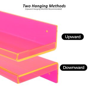 Floating Shelves for Wall Bedroom Bathroom Kitchen Plants Acrylic Floating Shelf 16.5X5.5'' Heavy Duty Adhesive No Drill, Pack of 2, Neon Pink