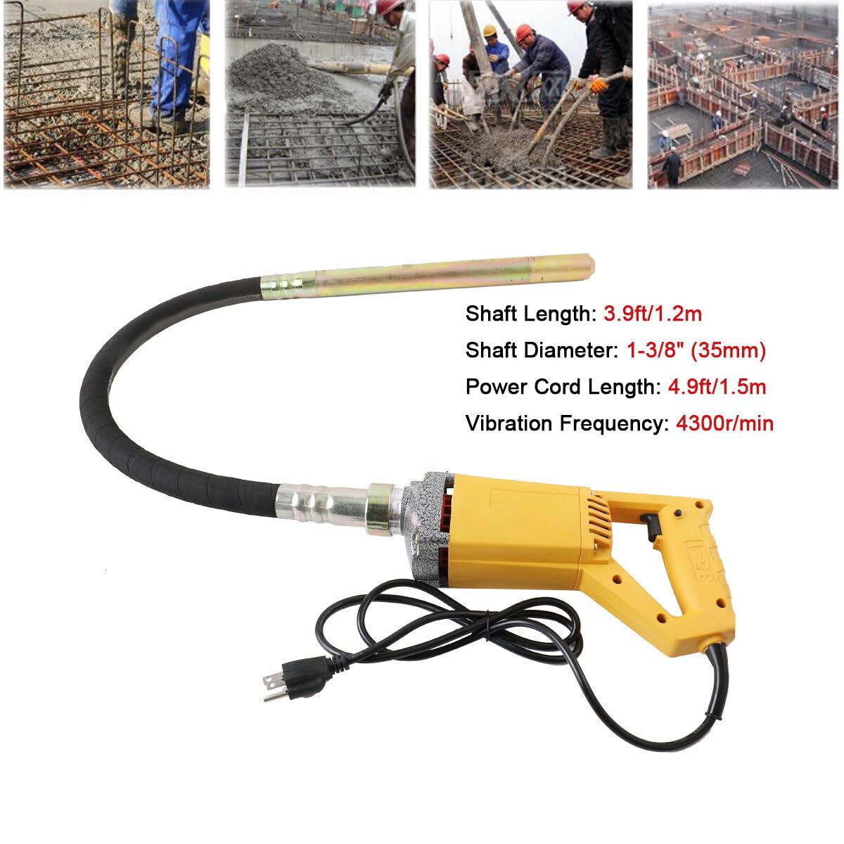 Concrete Vibrator Hand Held 800W Electric Concrete Vibrator with 1.2m(3.9ft) Copper Shaft Rod Portable Pencil Cement Vibrarator for Remove Air Bubble and Mix Concrete