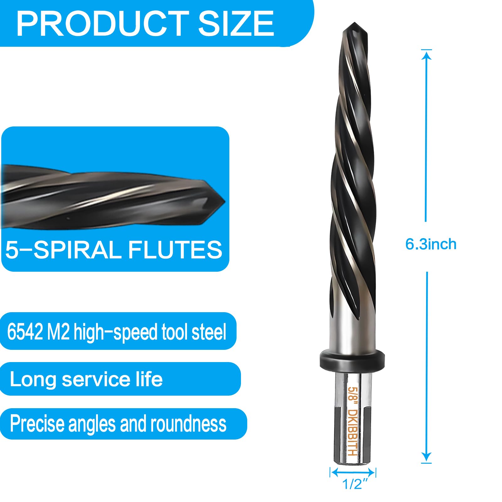 5/8” Bridge Construction Reamer Drill Bit, M2 HSS Taper Chucking Reamer for Steel Alloy Metal Wood Plastic, 1/2" Non-Slip Shank, 5-Spiral Flutes Car Reamer, to Align or Enlarge Holes, 16mm