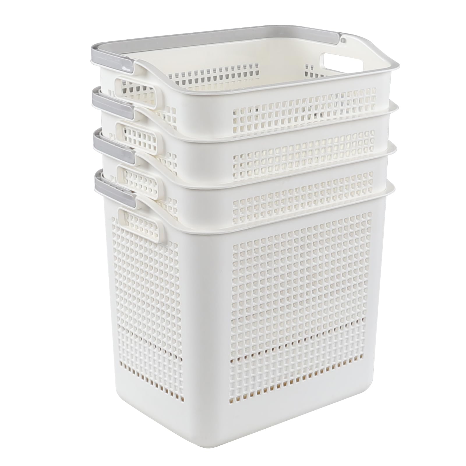 Minekkyes Set of 4 Large Hampers for Laundry with Handles, Plastic Laundry Baskets Bin, Dirty Clothes Storage Bin, White