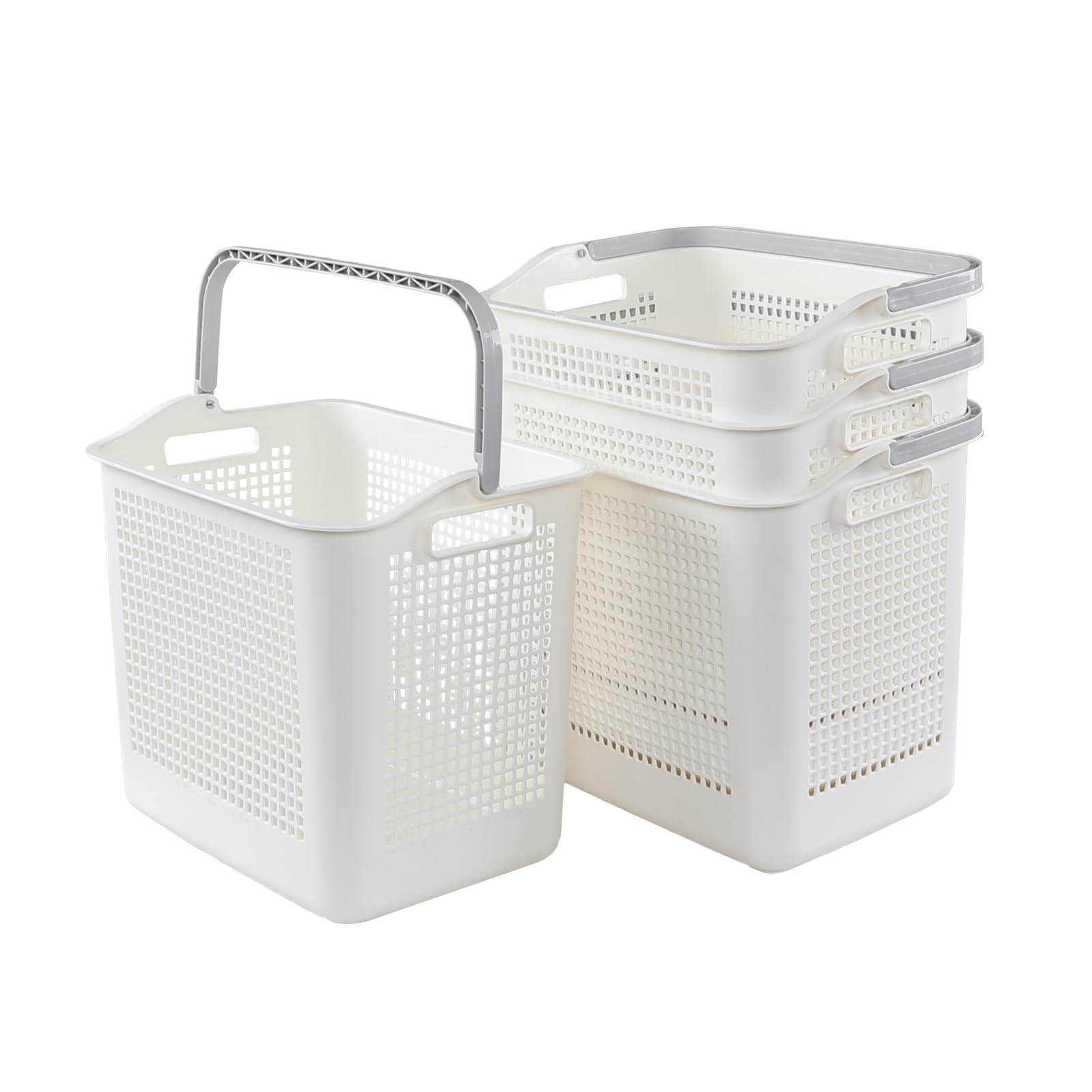 Minekkyes Set of 4 Large Hampers for Laundry with Handles, Plastic Laundry Baskets Bin, Dirty Clothes Storage Bin, White