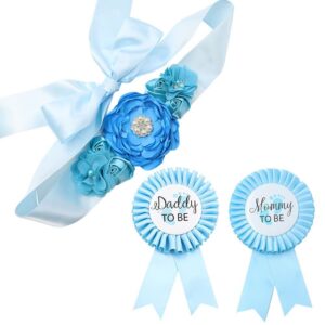 maternity sash and mommy dad to be pins set, baby shower decorations gender reveal party decorations for boys and girls pregnancy props keepsake gifts (blue)