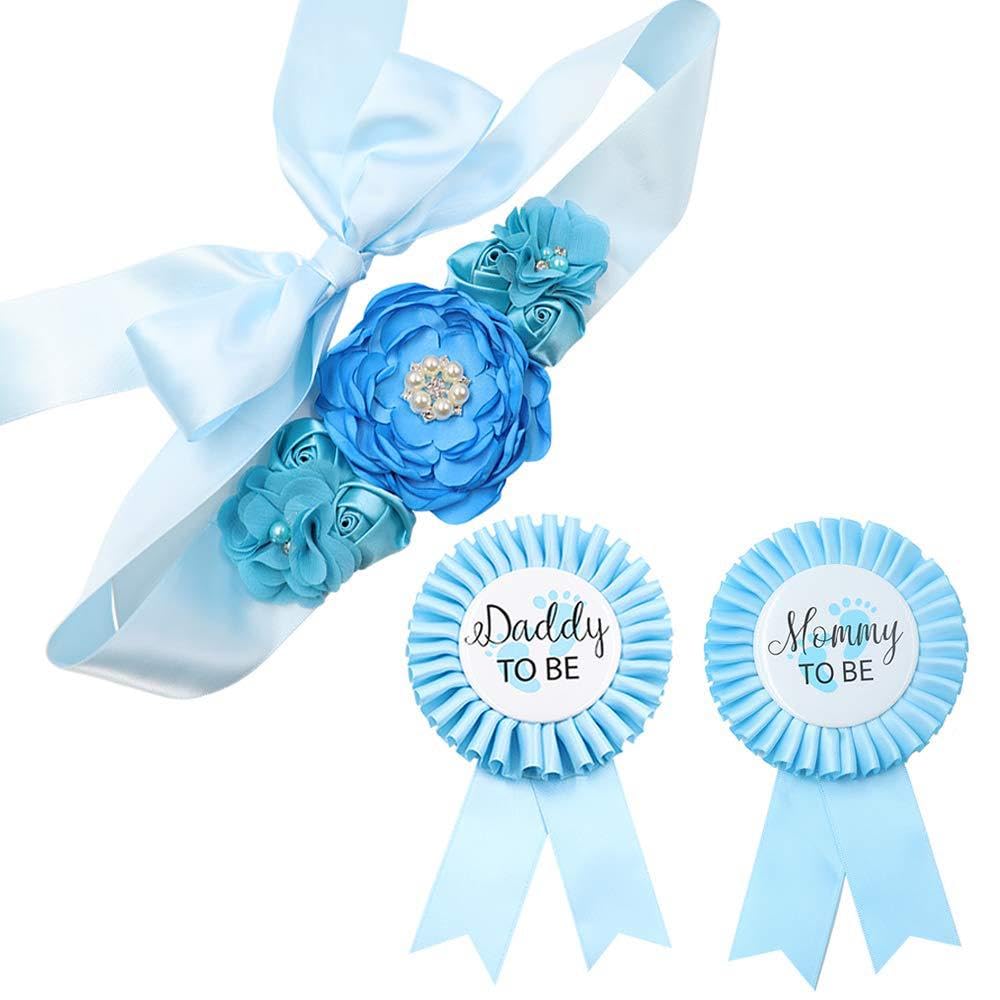 Maternity Sash and Mommy Dad to Be Pins Set, Baby Shower Decorations Gender Reveal Party Decorations for Boys and Girls Pregnancy Props Keepsake Gifts (Blue)