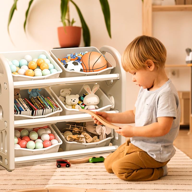 GONICVIN Toy Storage Cabinet Unit Organizer, Plastic Storage Rack with 6 Bins for Children Playroom, Multi-functional Storage Organizer for Livingroom, Bedroom (Grey)