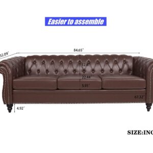 VENYAA Higher Quality and Stronger 84.65" PU 3 Seater Sofa Couch with Enhanced Legs and Rolled Arm for Living Room Office, Thickened Reinforced 3 Seater Leather Couch (Easier To Assemble) (Dark Brown)