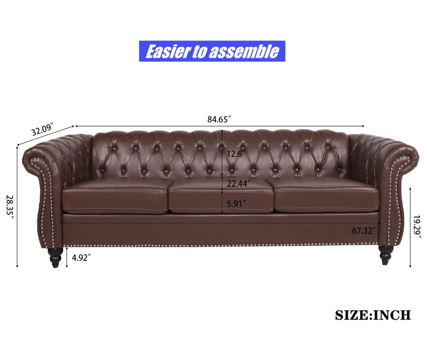 VENYAA Higher Quality and Stronger 84.65" PU 3 Seater Sofa Couch with Enhanced Legs and Rolled Arm for Living Room Office, Thickened Reinforced 3 Seater Leather Couch (Easier To Assemble) (Dark Brown)