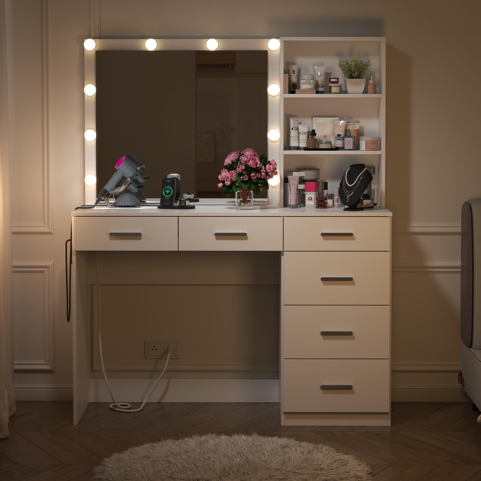 Gyfimoie 39 Inches White Vanity Desk with Lights, 6-Drawers Makeup Vanity Table with Power Strip and Storage Shelves, Dressing Table with Lighted Mirror for Women Girls