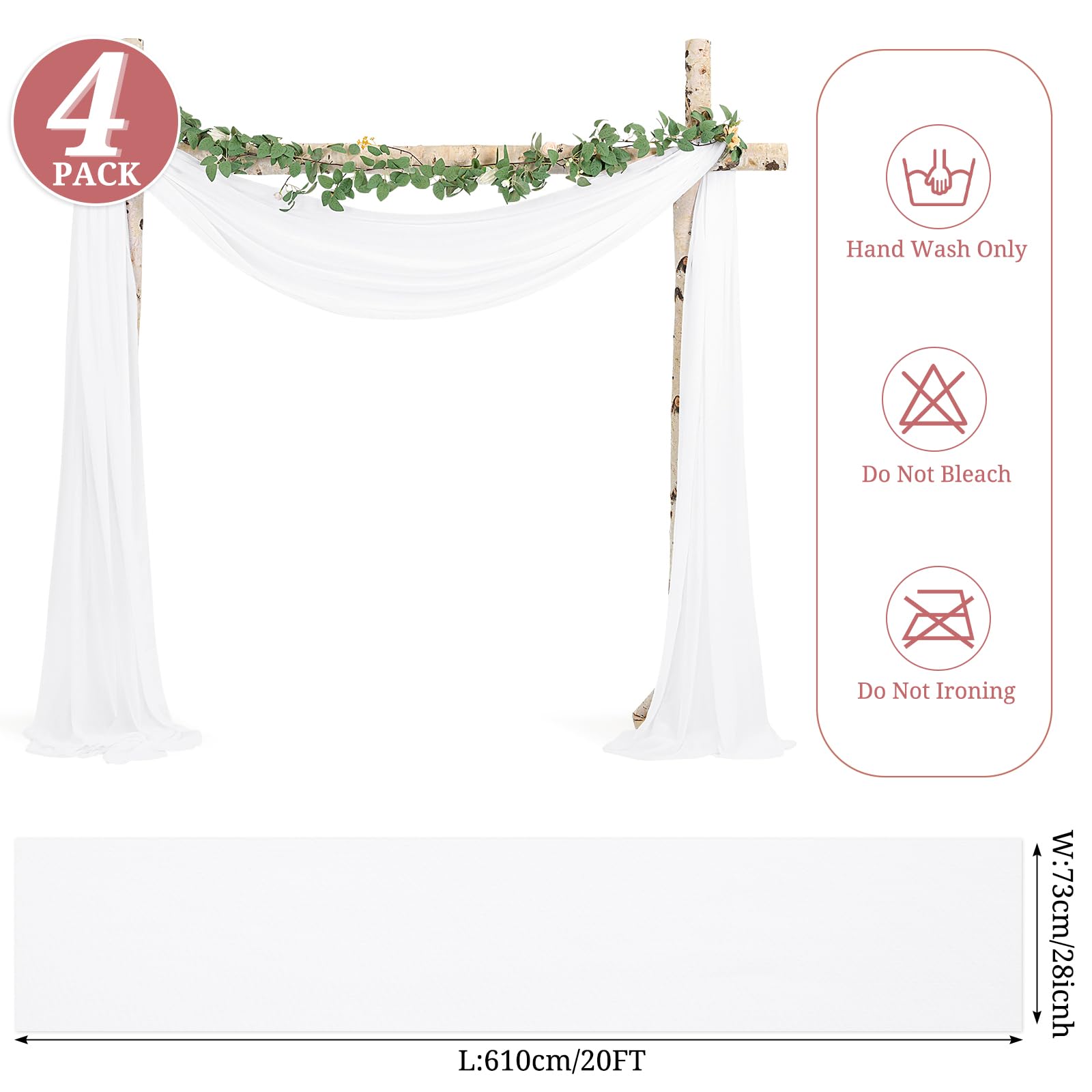 Wedding Arch Draping Fabric 4 Panels 28" x20ft White Chiffon Curtain Drapes, Sheer Backdrop Curtain Wedding Arch Decorations, Ceiling Drapes for Wedding Ceremony Bridal Show Party Ceiling Decor