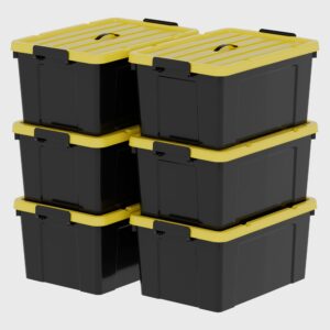 cetomo 72qt*6 durabilt flip lid stackable heavy duty tough storage container tote, plastic storage bins, storage box, black base with yellow lid (6 pack)